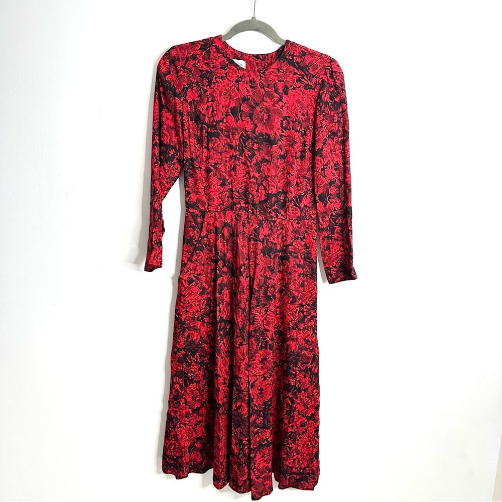 Saks Fifth Avenue Vintage Red and Black Floral Long-Sleeve Midi Dress